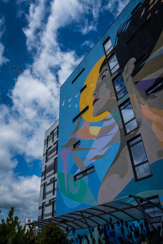 Mural on the side of the James Hehir Building