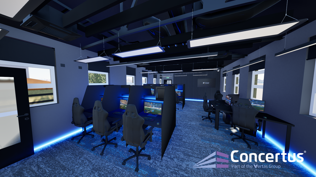 A CGI image of of the new esports facility arena space