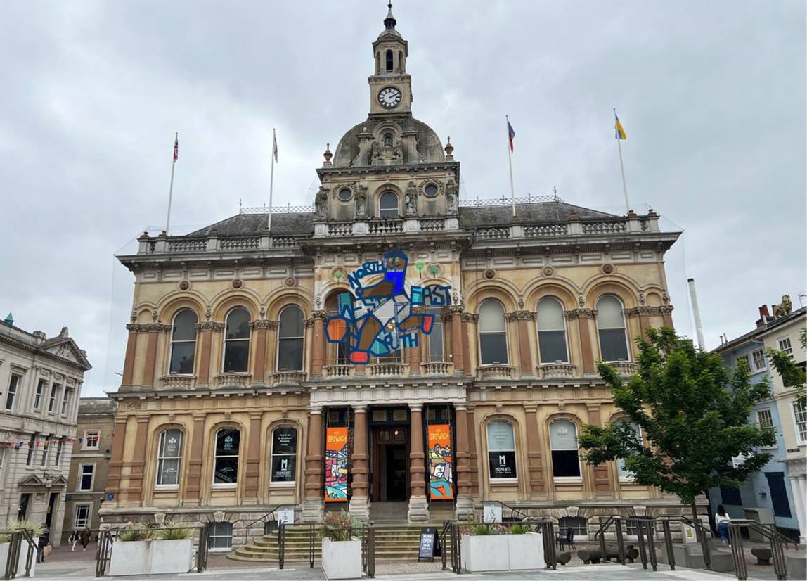 Artwork created by Sammi Wong superimposed on an image of Ipswich Town Hall