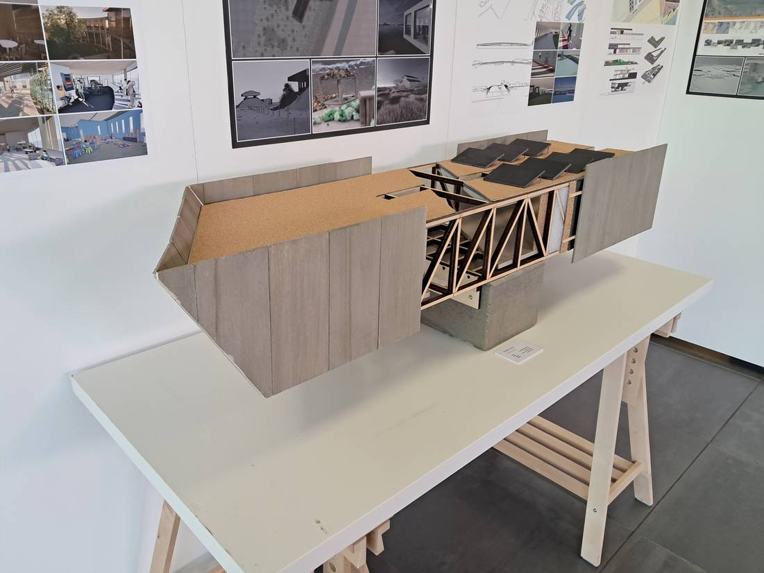 A student model of a building design on display at the Volume Zero exhibition