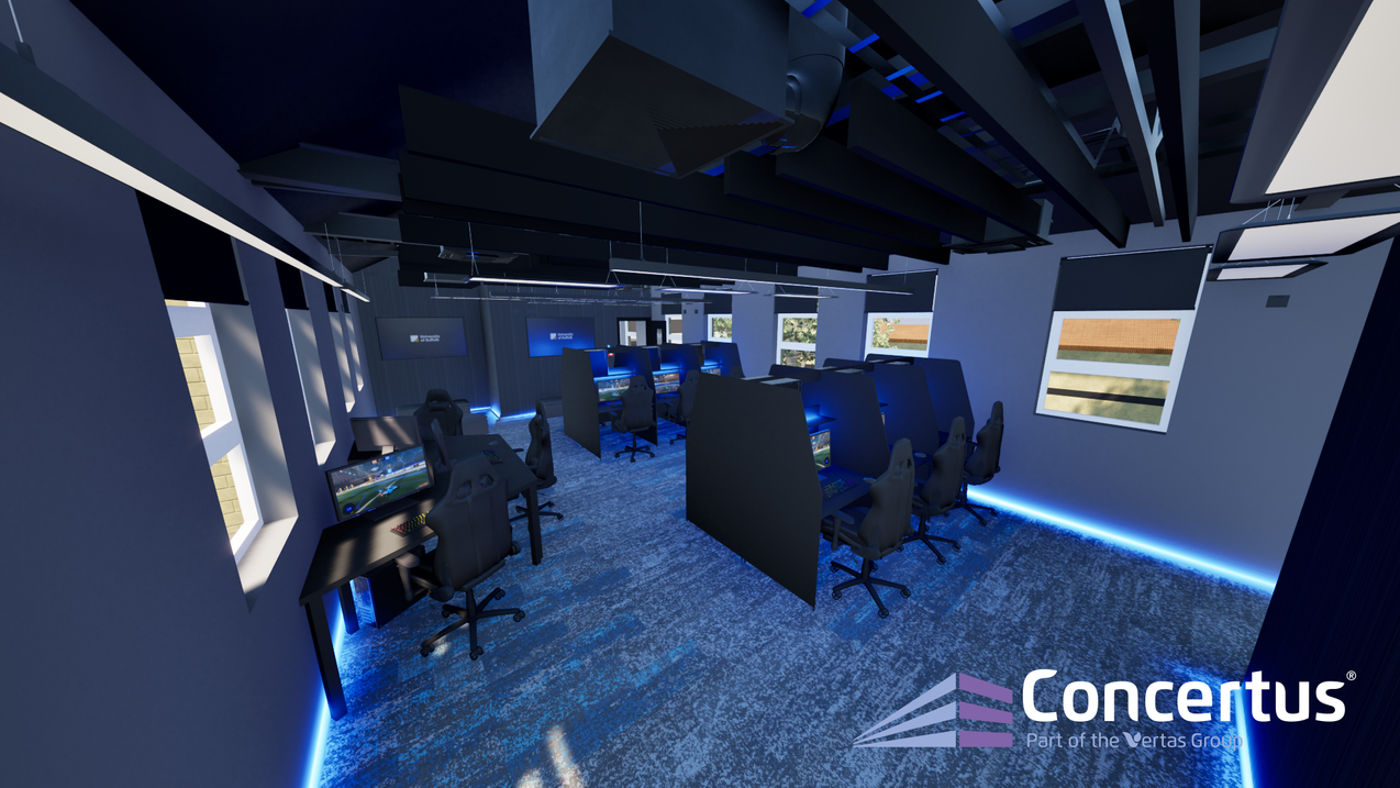 A CGI image of the new esports facility at the University of Suffolk. A bank of gaming PCs is visible