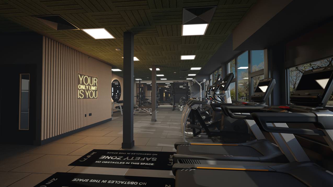 A CGI indicative image of what the gym space in the new student hub will look like. On the wall are the words 'your only limit is you' while treadmills are to the right