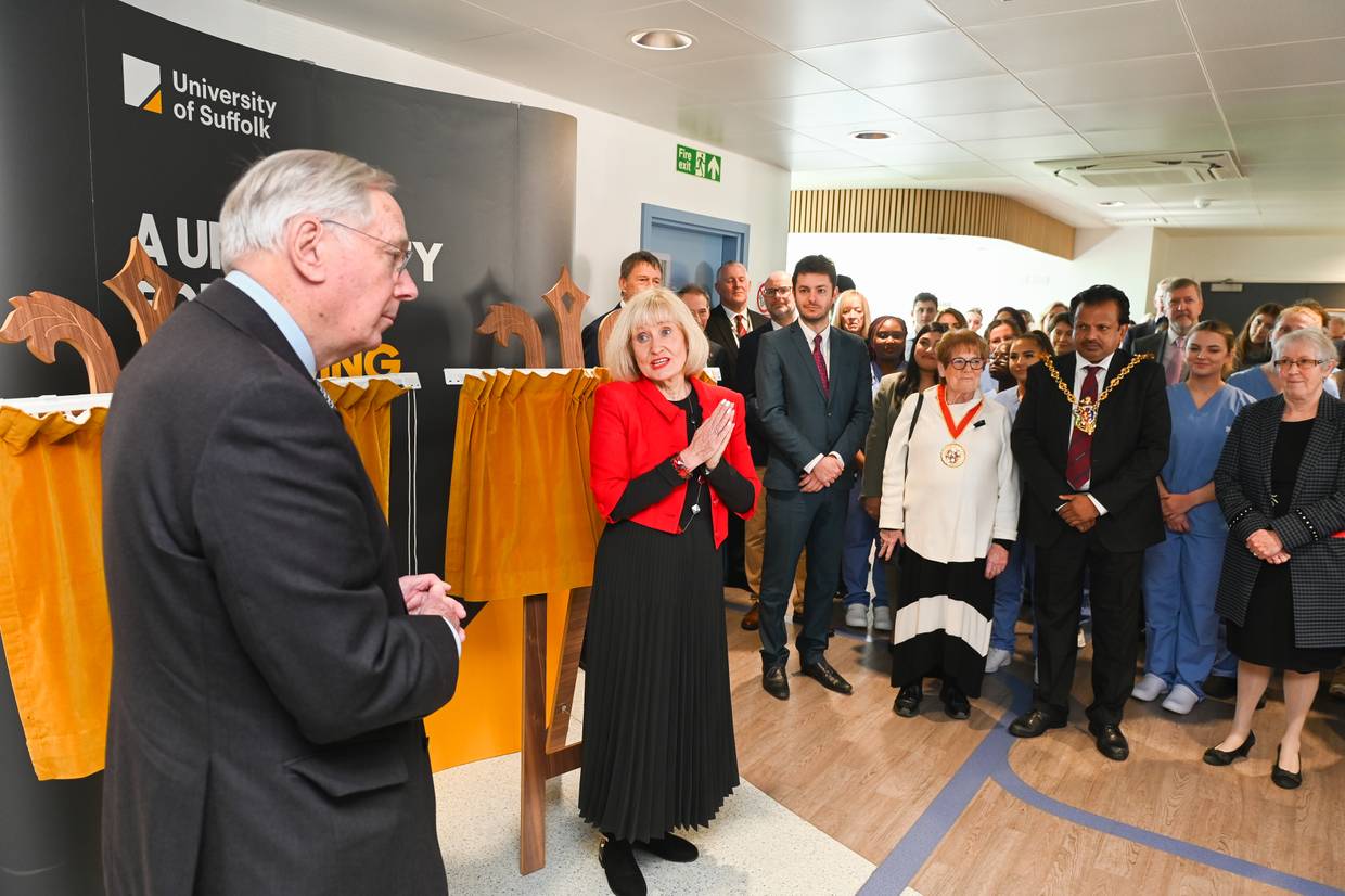 Vice-Chancellor Prof Jenny Higham gives a speech to assembled guests at the Dental CIC before HRH The Duke of Gloucester unveils the plaques