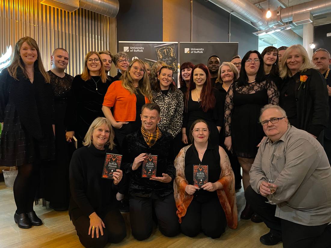 A group photo of students and staff involved in Suffolk Haunts at the launch event