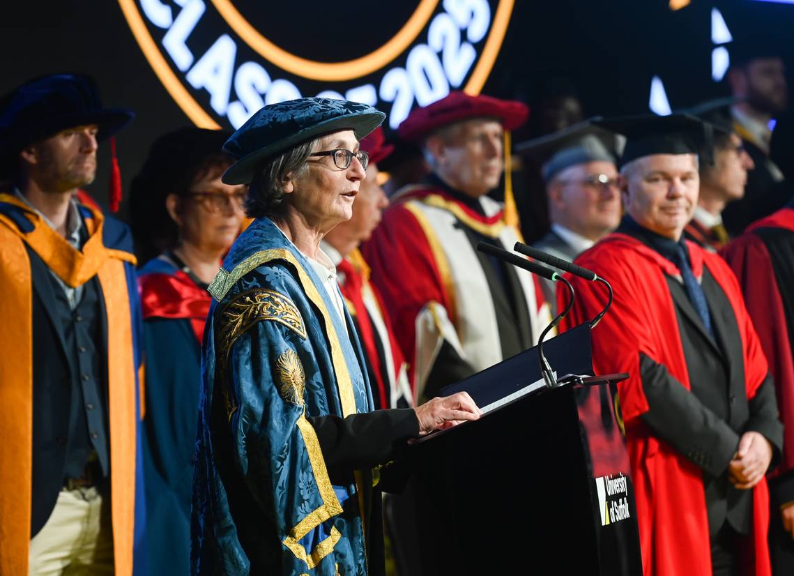 Outgoing Chancellor Helen Pankhurst addressing the final graduation ceremony of 2025