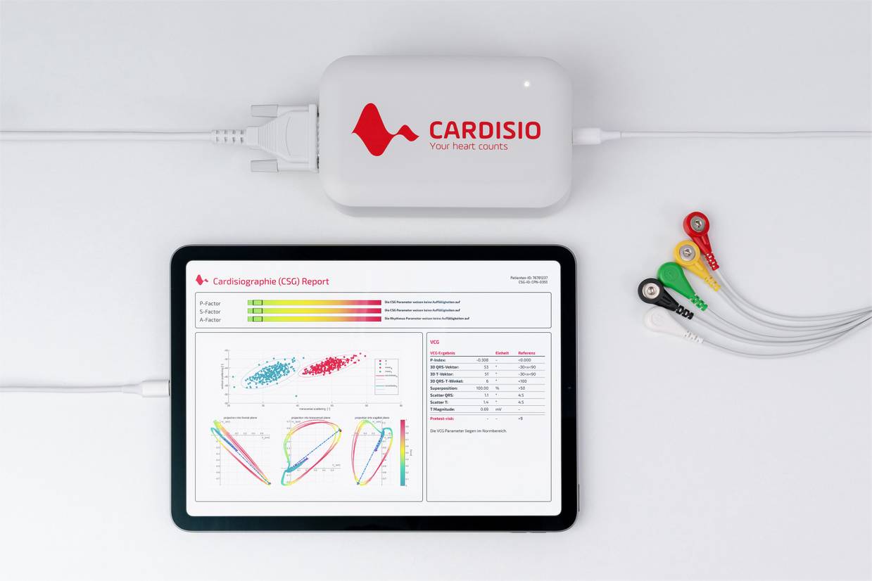 The Cardisio test. Four cables are visible which are connected to a box, and a tablet screen shows data graphs on the screen. Photo credit: Cardisio GmbH