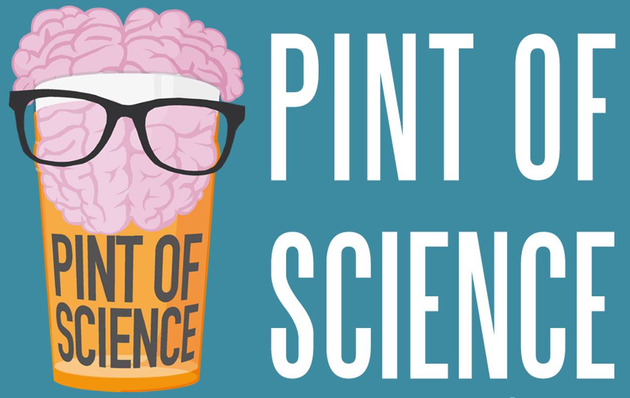A graphic for the Pint of Science festival. It features a cartoon of a pint glass with a brain coming out of the top and wearing glasses, with the words 'Pint of Science' on the glass