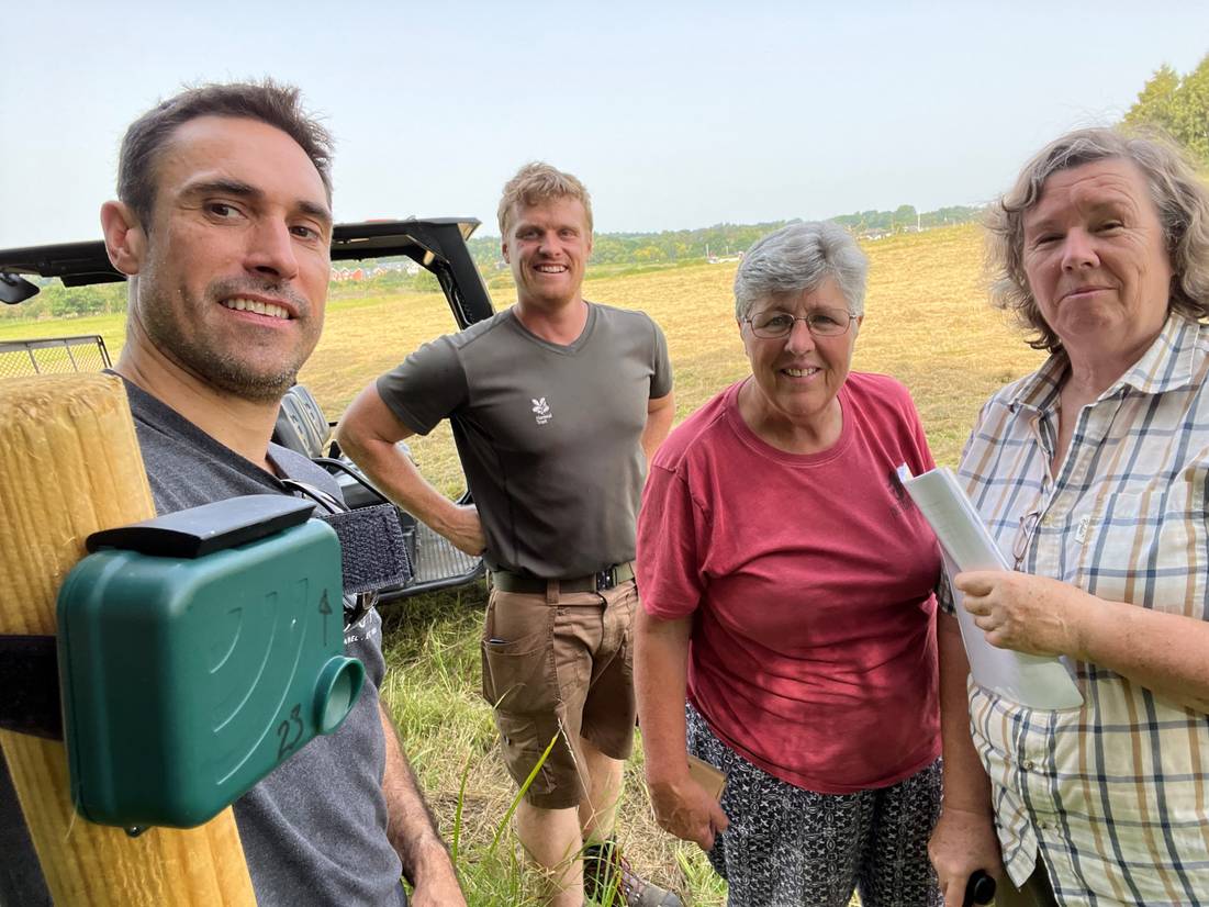 Left to right: Dr Mark Bowler from the Ƶ, Sutton Hoo’s Jonathan Plews, Jane Healey from Transition Woodbridge and Deborah Pratt from Transition Woodbridge with one of the bat detectors at Sutton Hoo (photo credit: Mark Bowler)