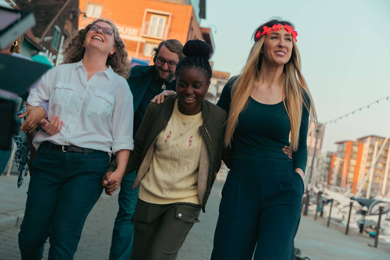 Students walking down the waterfront