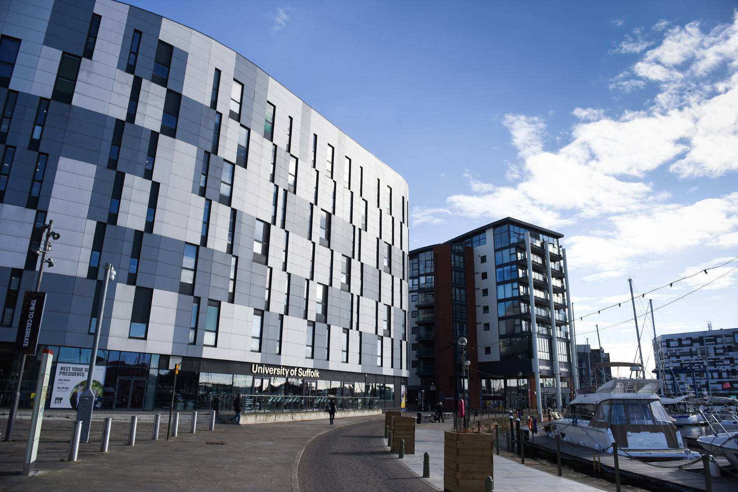 The outside of the Waterfront Building, on the side with the coffee shop