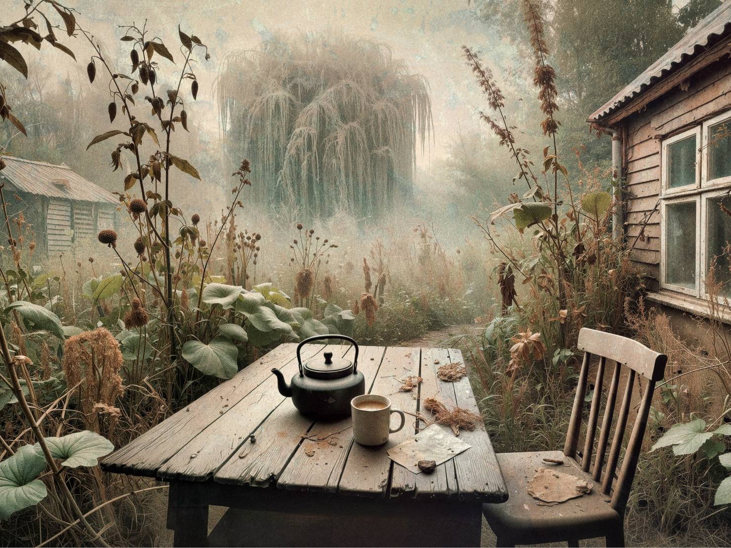 Tea print art by Andrew Keedle. It depicts a kettle and mug on a wooden table in a garden with nature encroaching on the scene