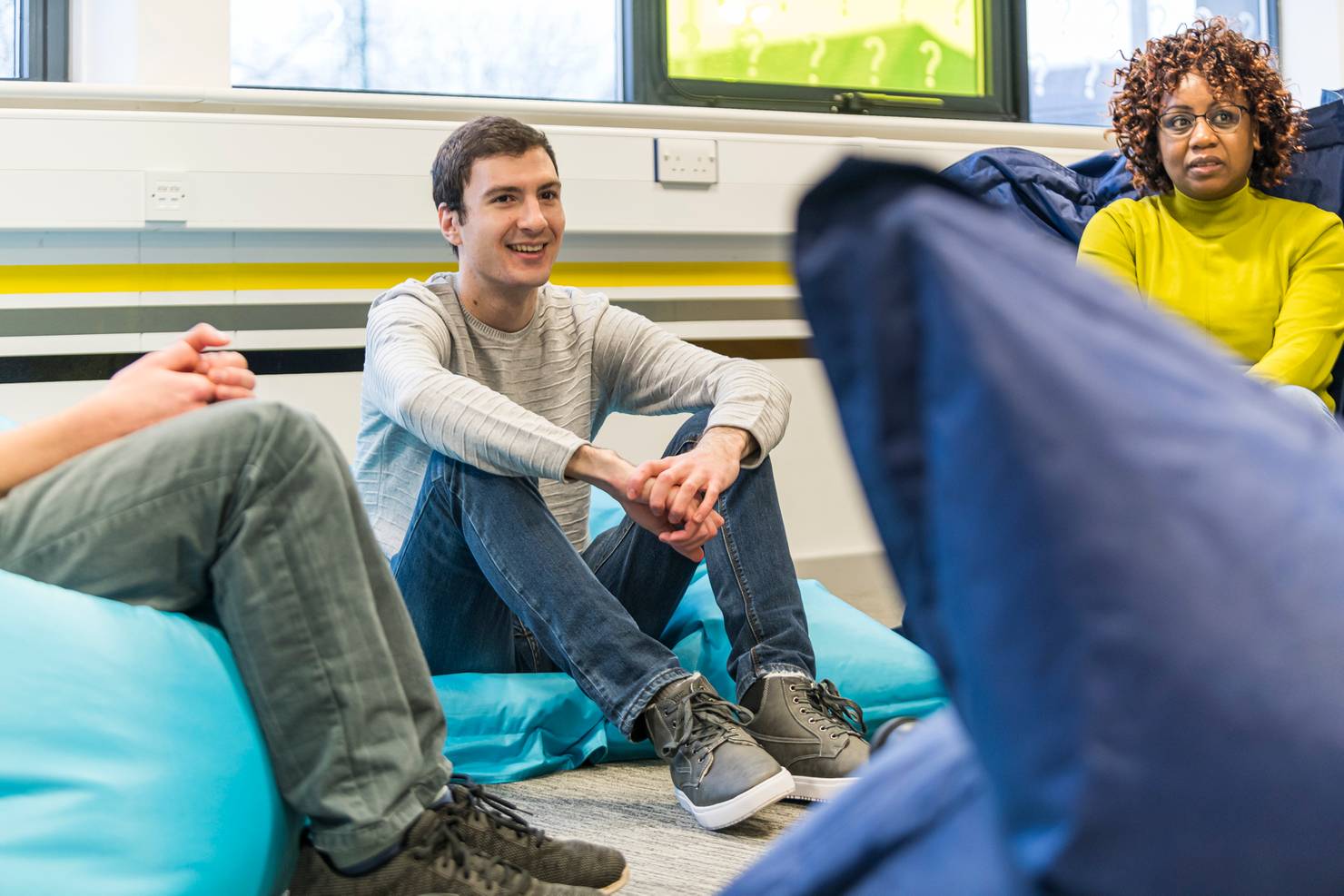 Students on bean bags in the Ideas Room