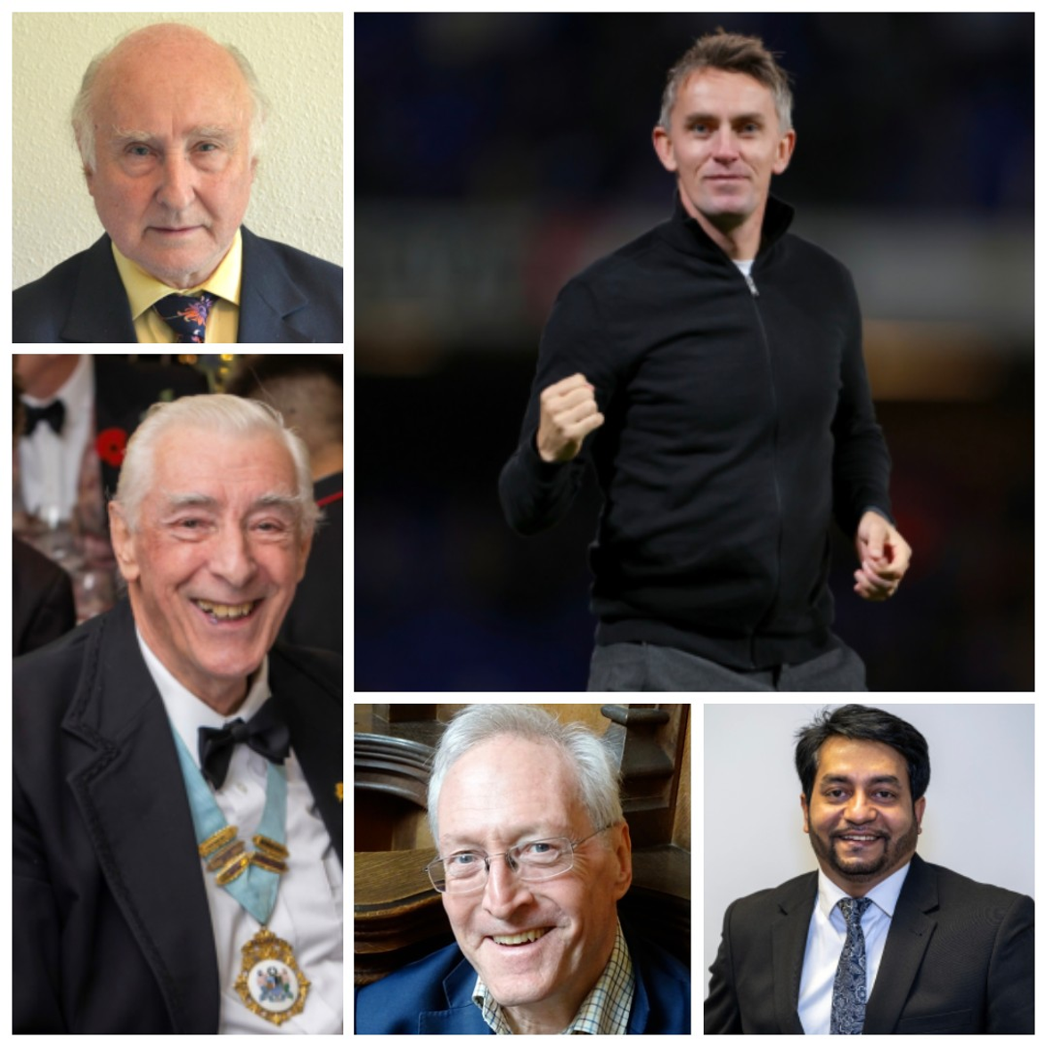 five portrait photos of men who are this year's honorary graduates at the University of Suffolk