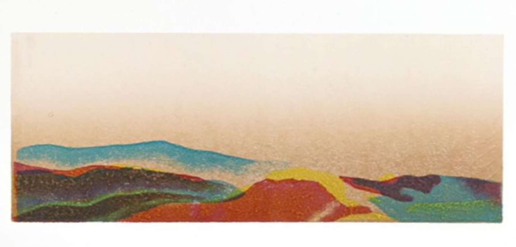 An example of art entered for the Arts Degree Show 2023. It is a sandy-coloured watercolour painting of a mountain range