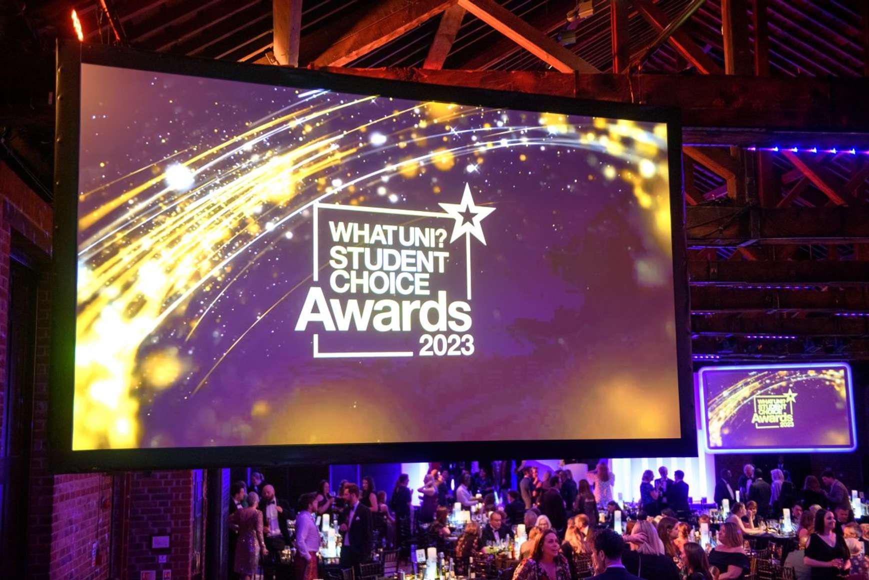 A large display screen featuring the WhatUni awards logo