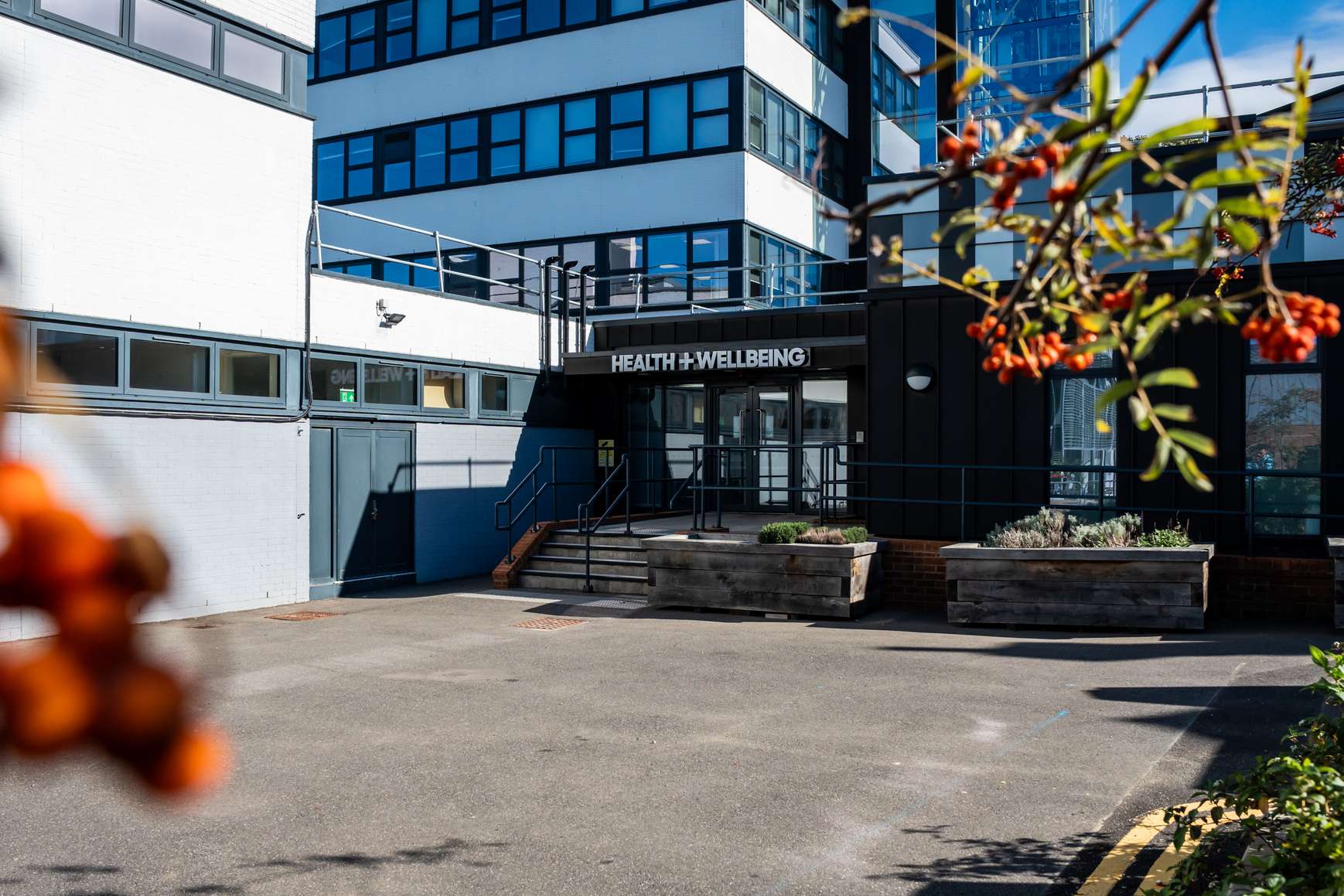 The outside of the Health and Wellbeing Building at the University of Suffolk