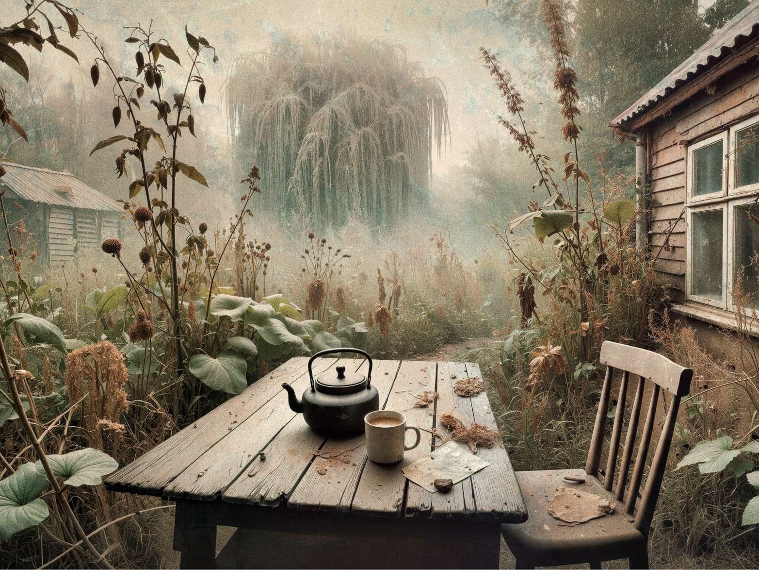 Tea print art by Andrew Keedle. It depicts a kettle and mug on a wooden table in a garden with nature encroaching on the scene