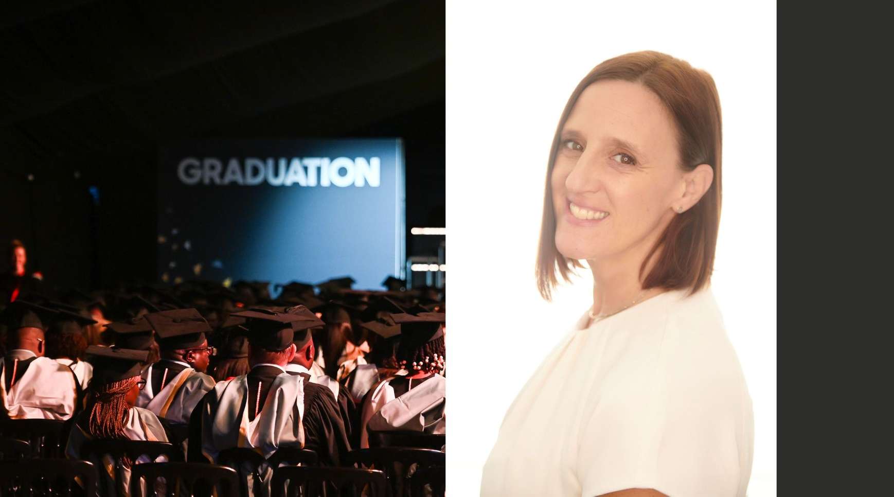 A composite image featuring a graduation ceremony at the University of Suffolk on the left hand side, and on the right is a head and shoulders photo of Karen Pickering MBE, smiling. Karen is to be made an honorary doctor at the University