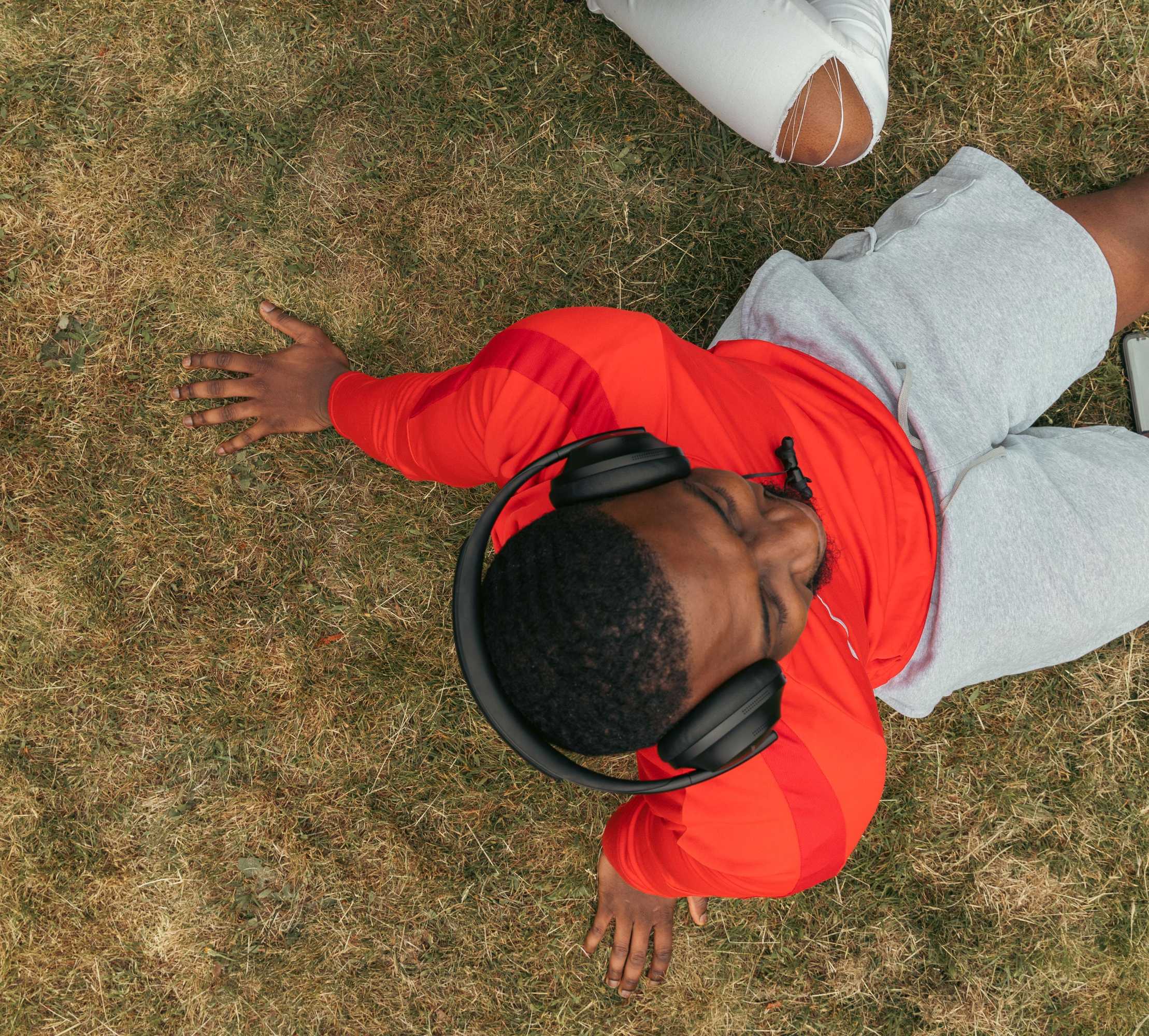 Overhead view of students sitting in a park