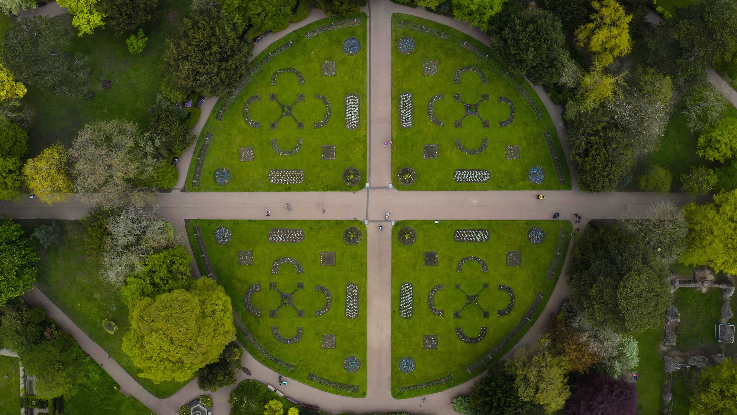 Aerial view of the Abbey Gardens in Bury St Edmunds