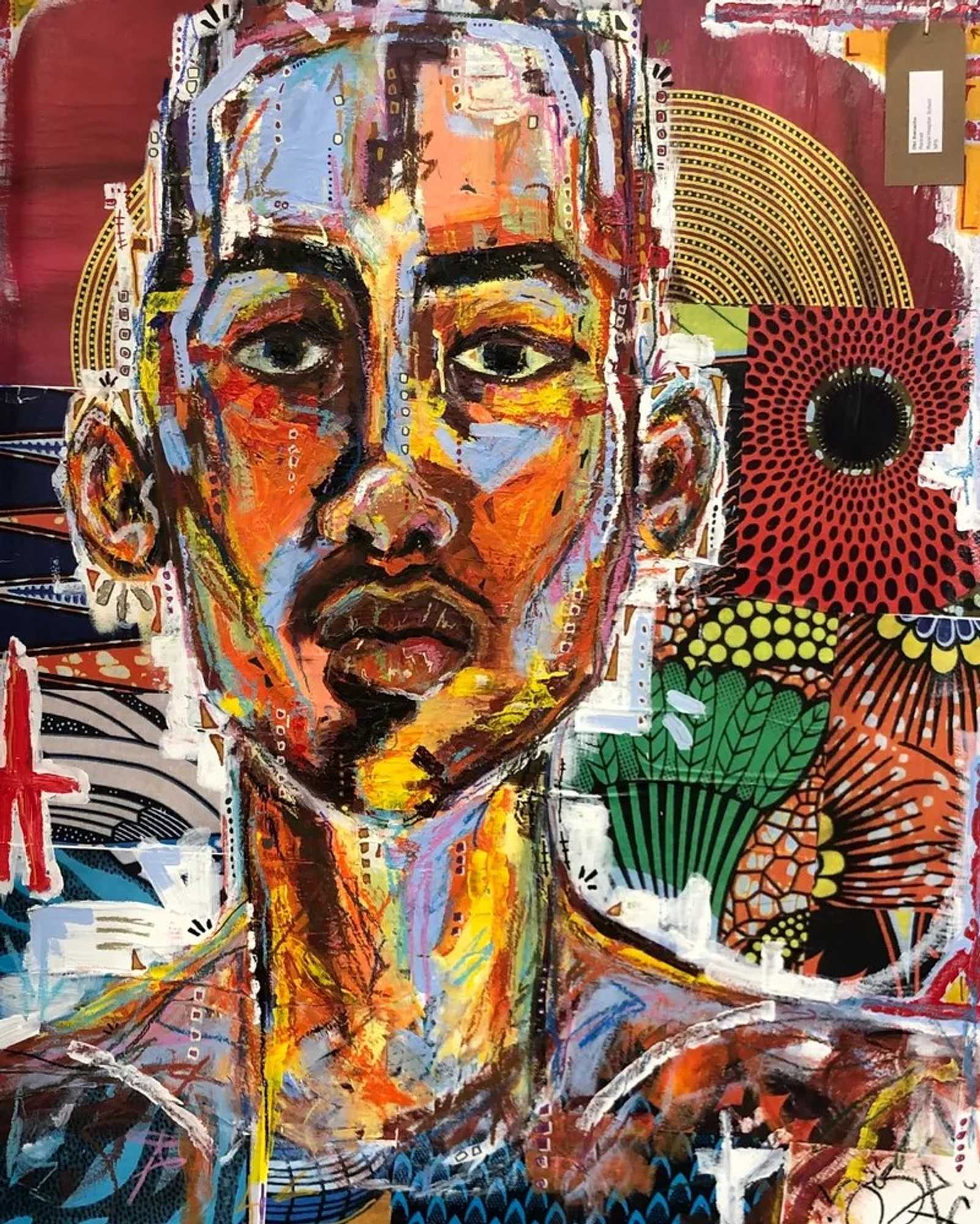 A painting of a portrait using various colours for the Anna Airy exhibition