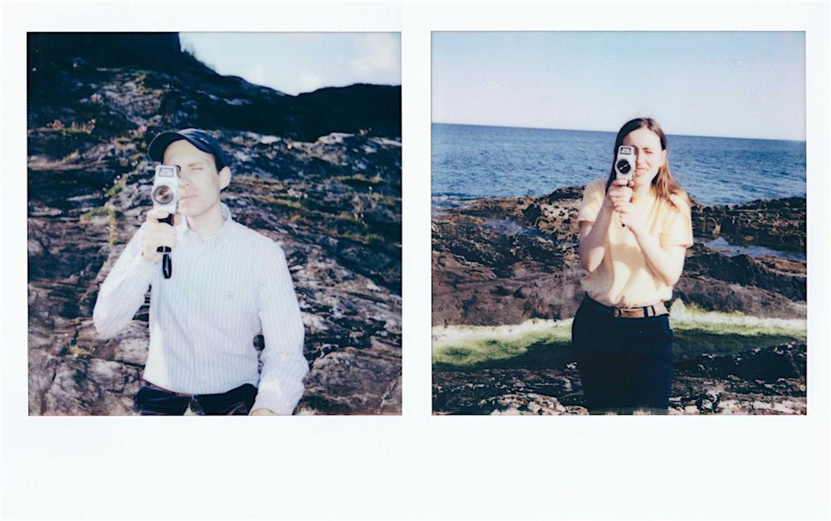 Two photos of two people holding camera