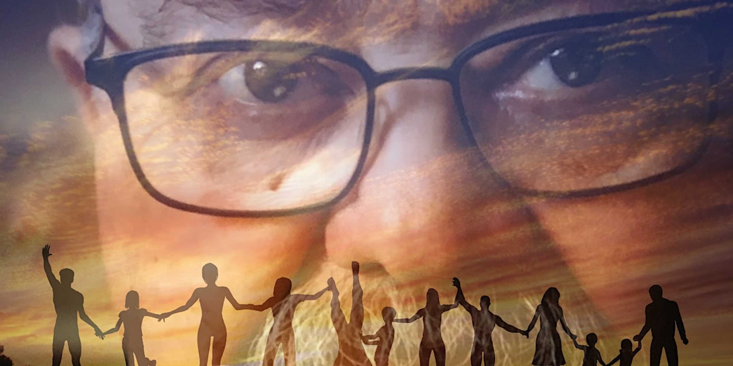 Composite image of a close up of a mans face with a silhouette of people holding hands in a row.