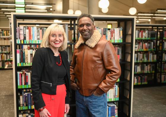 Professor Jenny Higham, Vice-Chancellor of the University of Suffolk, with award-winning poet Lemn Sissay
