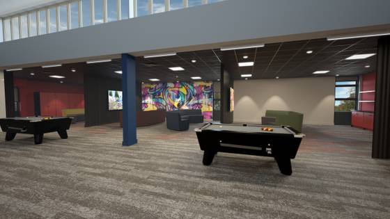 A CGI indicative image of the social space in the new student hub. It features sofa seating and pool tables