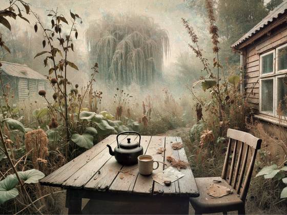 Tea print art by Andrew Keedle. It depicts a kettle and mug on a wooden table in a garden with nature encroaching on the scene