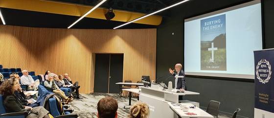 Audience members listen to a presentation from the Royal Historical Society in the auditorium in The Hold. Credit: Ϲ