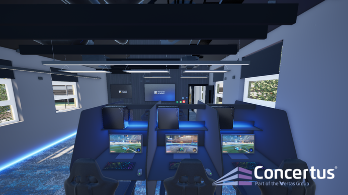 A CGI image of the new esports facility at the 91. A bank of gaming PCs is visible