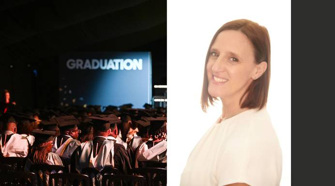 A composite image featuring a graduation ceremony at the University of Suffolk on the left hand side, and on the right is a head and shoulders photo of Karen Pickering MBE, smiling. Karen is to be made an honorary doctor at the University