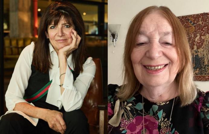 Emma Freud seated (left) and Alison Weir (right) smiling
