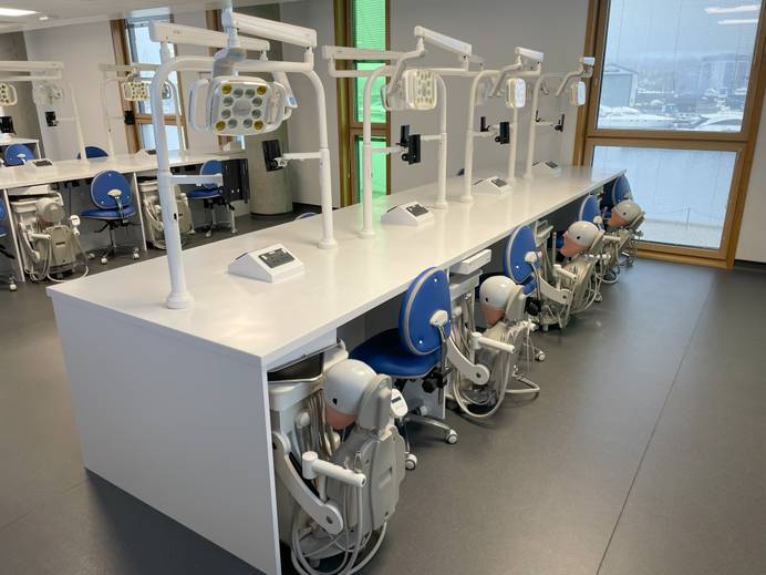 A photo of the workbenches featuring dental teaching facilities and phantom heads
