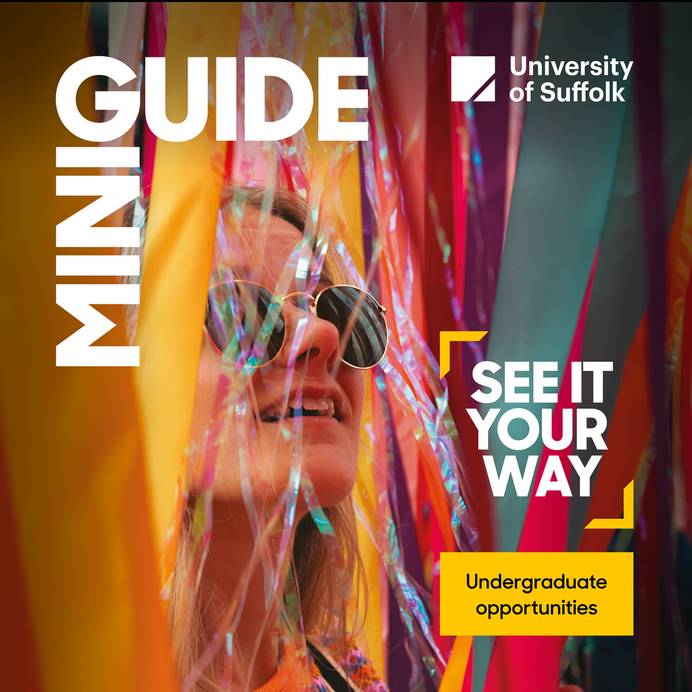 Student surrounded by ribbons with overlay text reading Mini Guide See It Your Way Undergraduate Opportunities