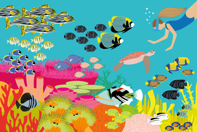 Brightly coloured illustration of tropical fish and coral reef in the ocean