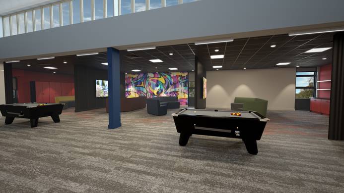 A CGI indicative image of the social space in the new student hub. It features sofa seating and pool tables
