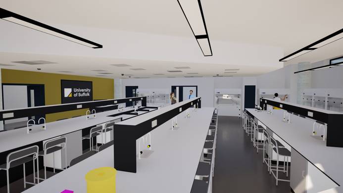 A CGI image of what the new Pharmacy labs in the James Hehir Building will look like