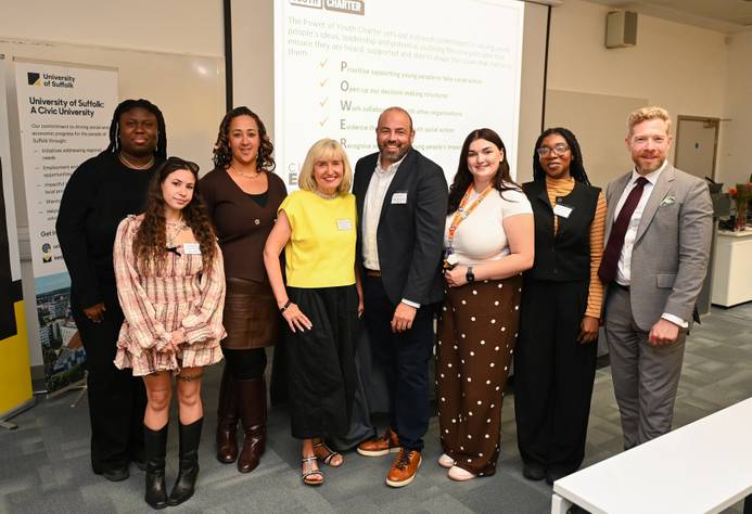 A group photo at the signing of the Power of Youth Charter. (L-R Abi Abidoye (#IWill ambassador), Grace Pearson (SU President), Dionne Walton (SU CEO), Professor Jenny Higham (Vice-Chancellor, University of Suffolk), Stephen Skeet (Volunteering Matters), Zoe Saunders (SU President), Victoria Oluwasina (Student, SHOKE Project) and Zeb Soanes (Chancellor, University of Suffolk)