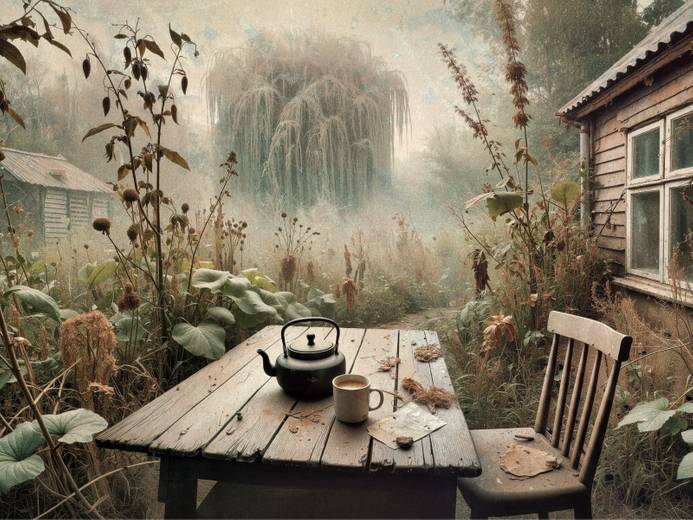 Tea print art by Andrew Keedle. It depicts a kettle and mug on a wooden table in a garden with nature encroaching on the scene