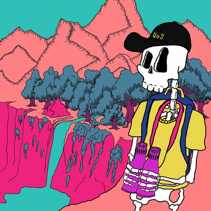 Abstract mountain and waterfall screen with skeleton standing in the foreground, with caption Never Stop Exploring