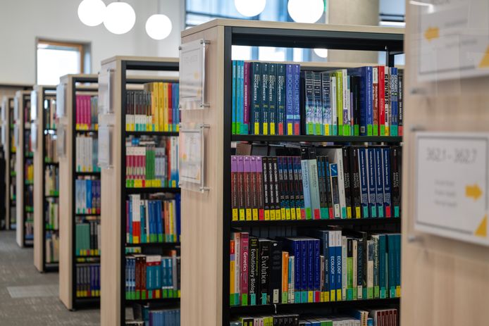 Close-up of bookshelves in the library