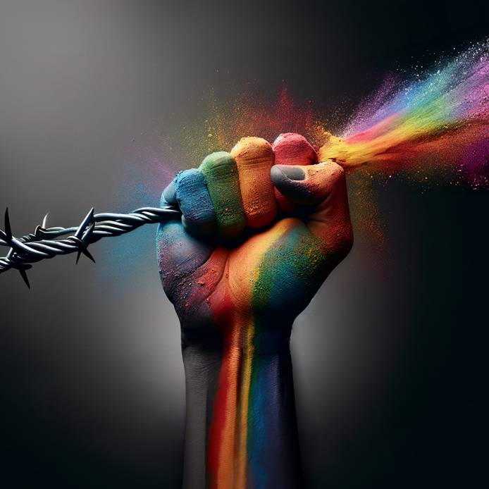 Abstract of hand in a fist with rainbow paint and wire