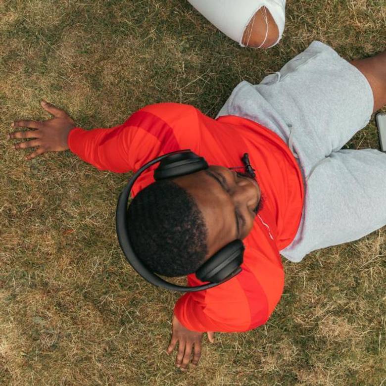 Overhead view of students sitting in a park