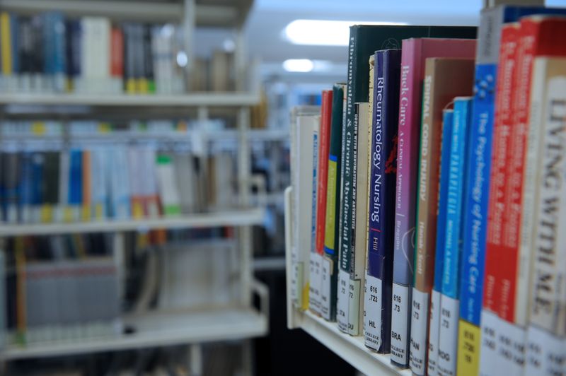 Close-up of bookshelves in the library