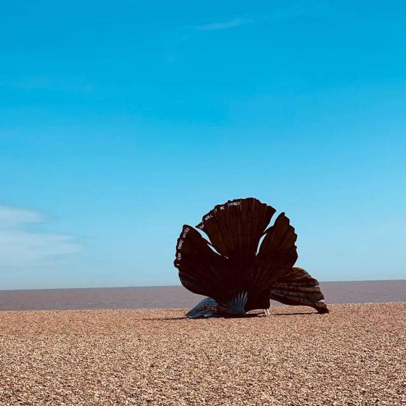 Aldeburgh beach with shell sculpture