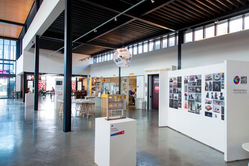 The inside of the Hold building during the Arts Degree Show.