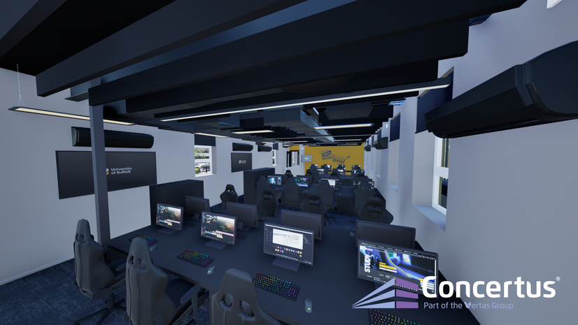 A CGI image of of the new esports facility teaching space