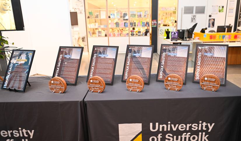 The Community Awards lined up on a table at the Suffolk Salutes 2026 event